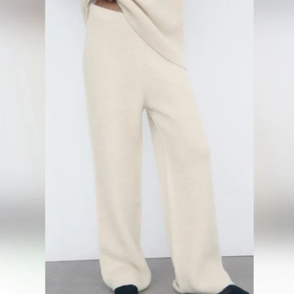 NWT Zara High Rise Boucle Sweater Pants Ivory/Metallic Size Medium - Picture 3 of 9
